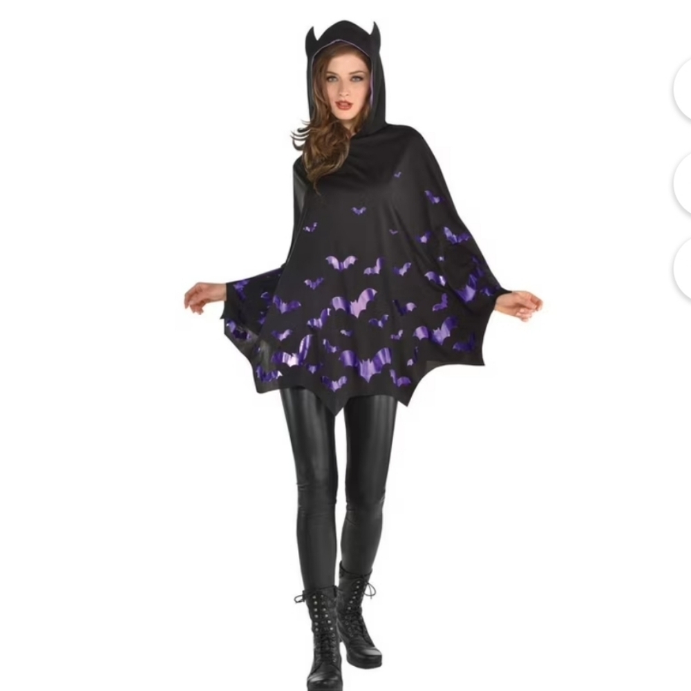 Black Hooded Cape with Shiny Purple Bat Motif